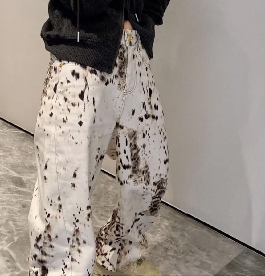 Cowpow - Lage taille luipaardprint wijde pijpen jeans