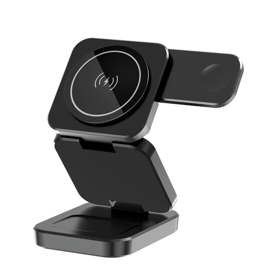 (15W) 3in1 MagSafe Ladegerät Qi Wireless Charger Faltbarer Ladeständer für Apple Watch / Smartphone / AirPods - Schwarz