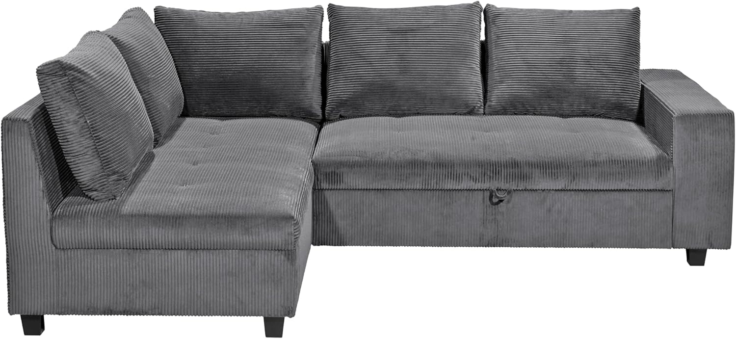 Ecksofa L-Form aus Cordstoff mit Schlaffunktion, dunkelgrau (Ash) – Liegefläche 147 × 207 cm, Breite 243 cm, Sitzhöhe 45 cm, Modell MIRA