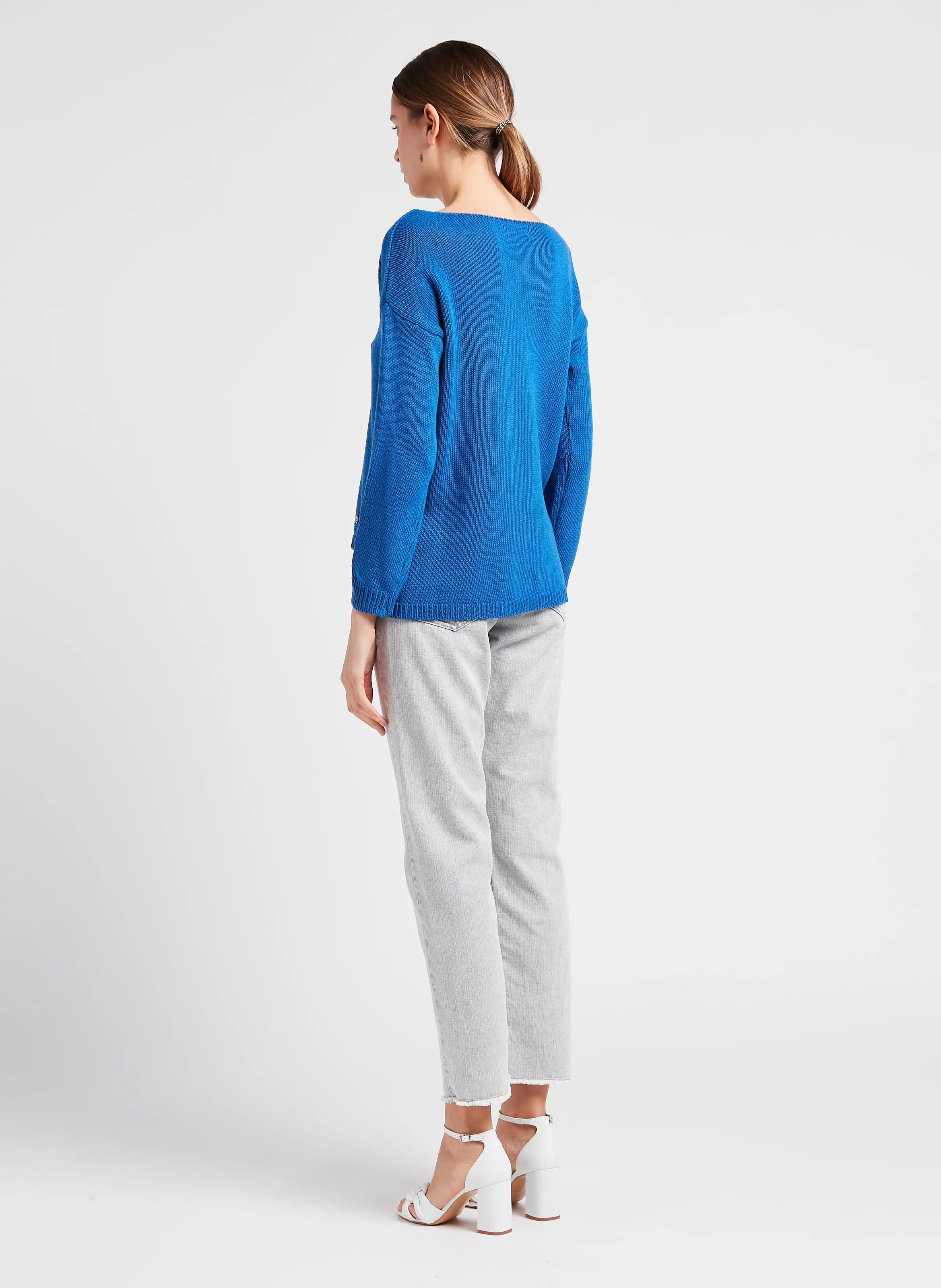 Pull en maille col V en coton mélangé| Bleu