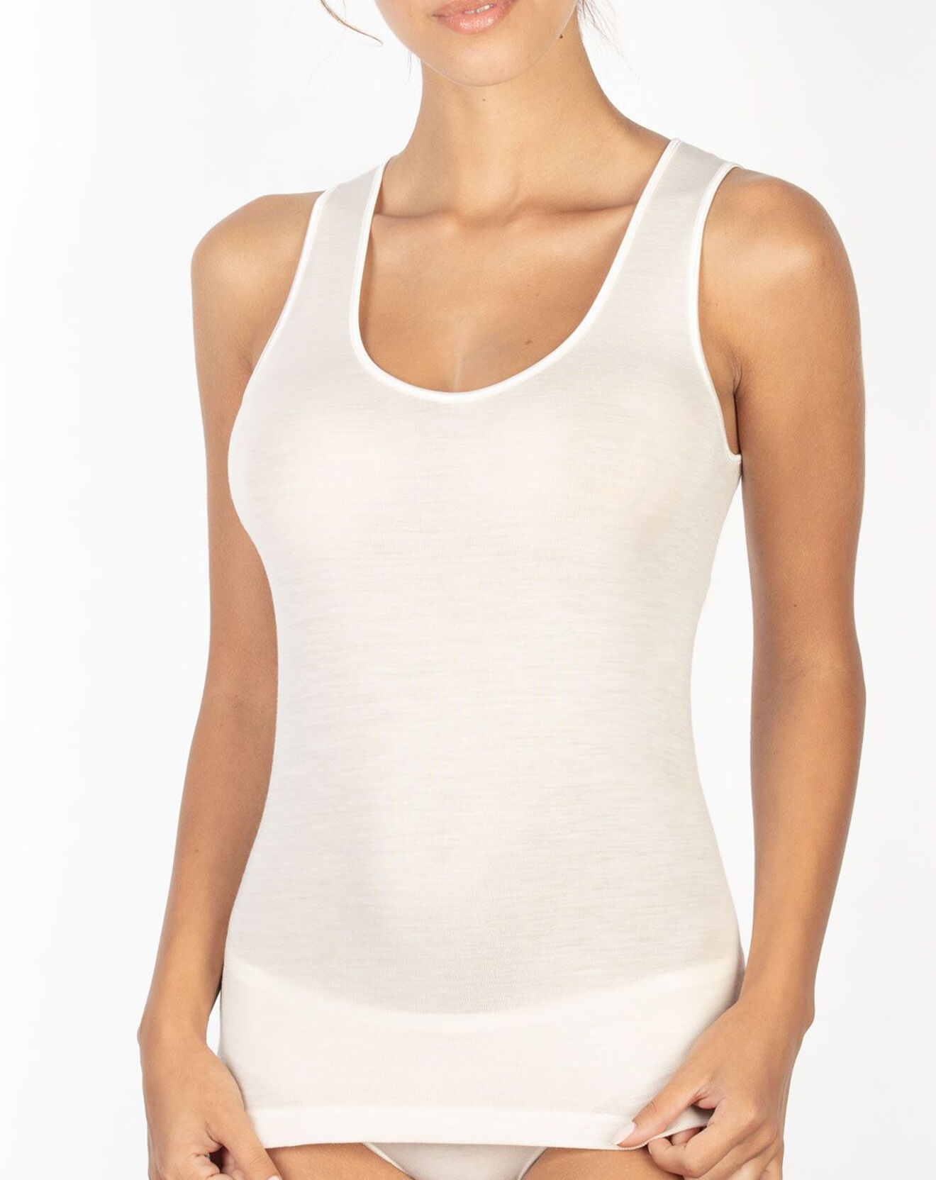 Mare Top sans manches bord satin en Laine & Soie ivoire