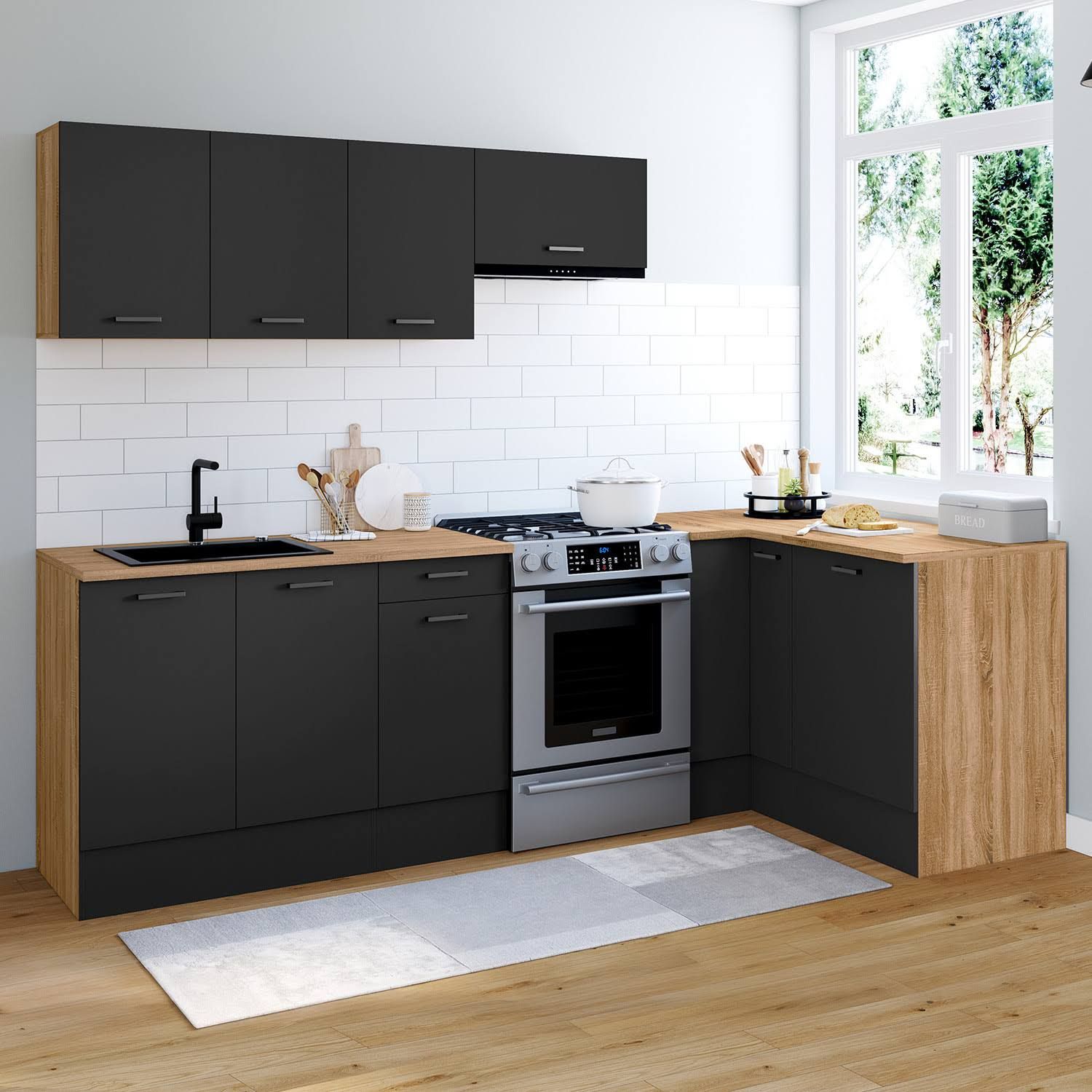 id market Cuisine Complète D'angle 400 Cm Subtil Avec Plan De Travail 7 Élements bois et noir