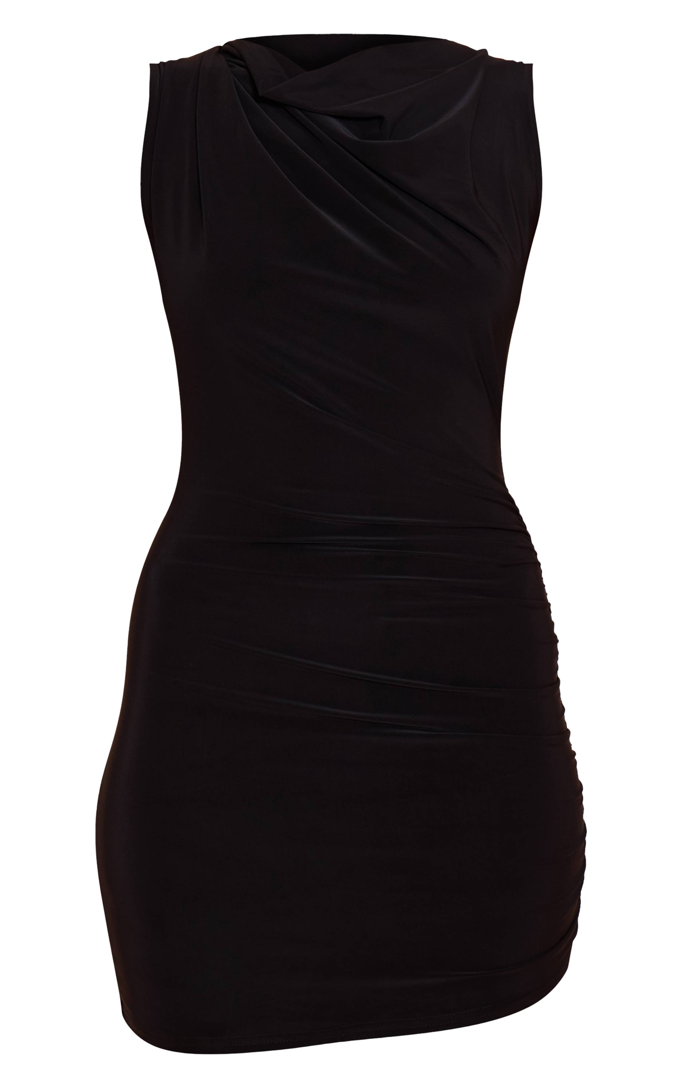 Noir Robe Moulante Col Nageur À Épaule Froncée En Tissu Slinky