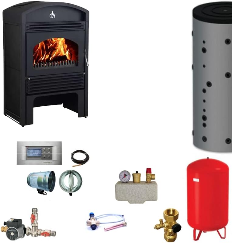 BRUNO EuroTeplo wasserführender Kaminofen Valencia Set 18 kW mit Wasserheizung, Wassertank, Heizelemente, Thermostat, modernem Stil und natürlicher Entlüftung