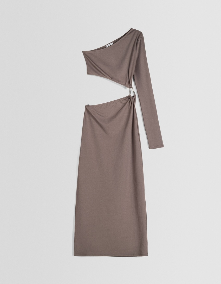 Vestido midi assimétrico de manga comprida com detalhe lateral