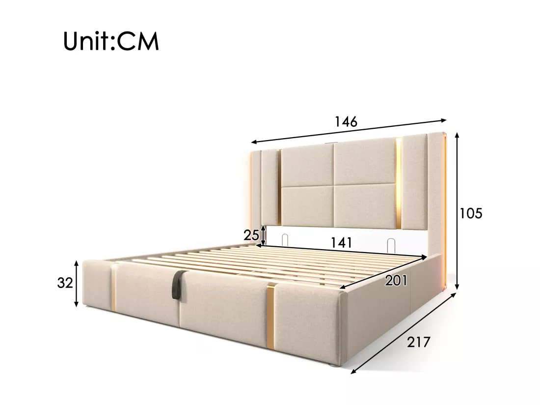 Lit coffre 140x200 cm rembourré en tissu de lin - avec LED et fonction de recharge - avec sommier à lattes - Beige