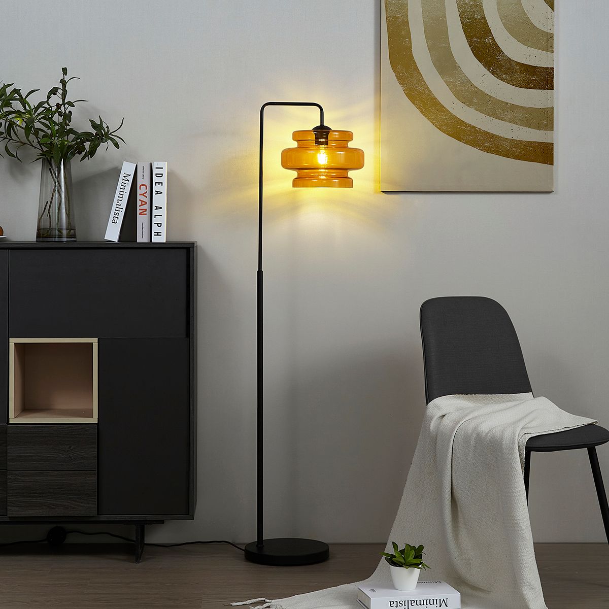 Retro vloerlamp zwart met oranje glas - Denise