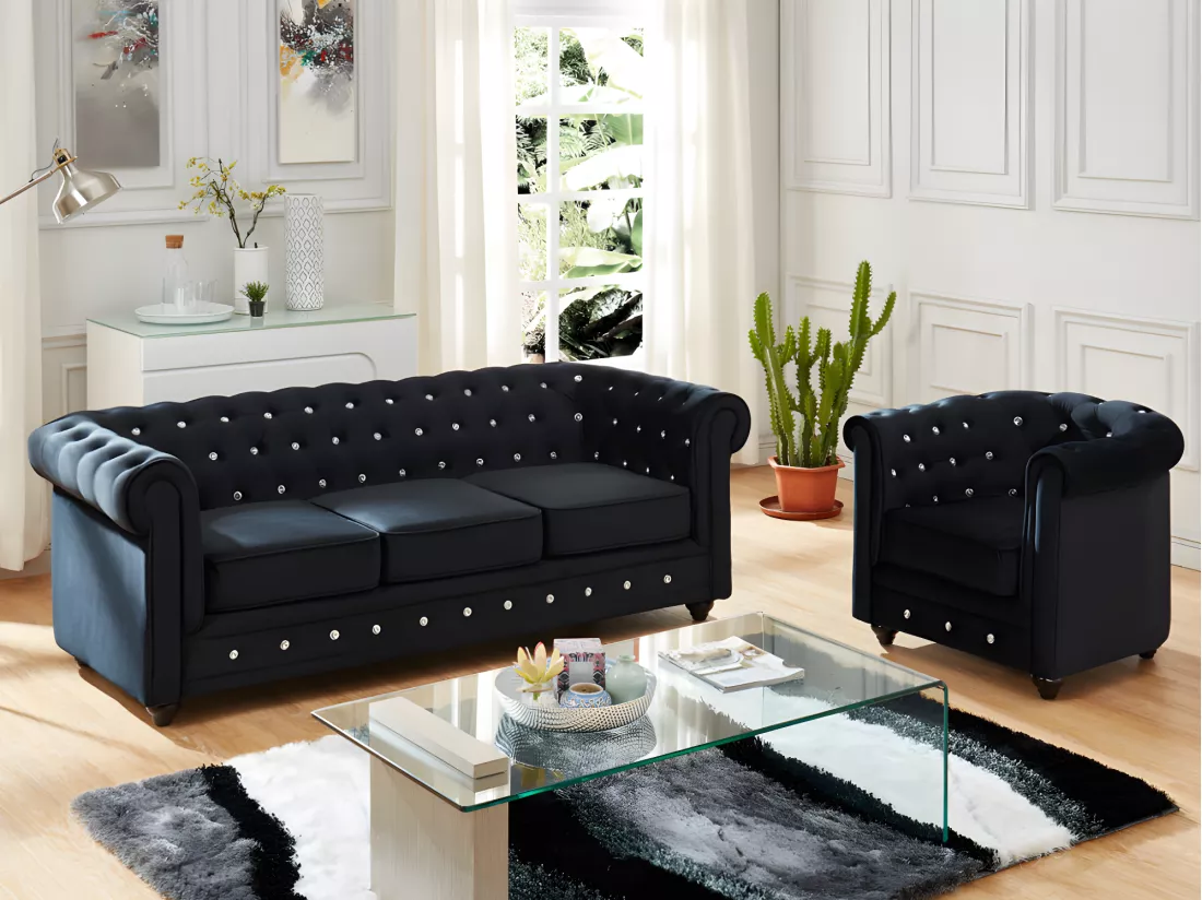 Canapé 3 places et fauteuil CHESTERFIELD - velours noir et boutons effet cristal