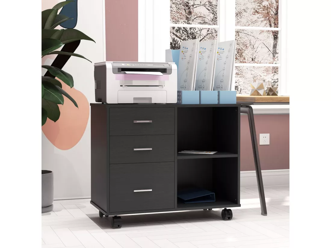 HOMCOM Support d'imprimante organiseur bureau caisson 3 tiroirs + 2 niches + grand plateau panneaux particules noir