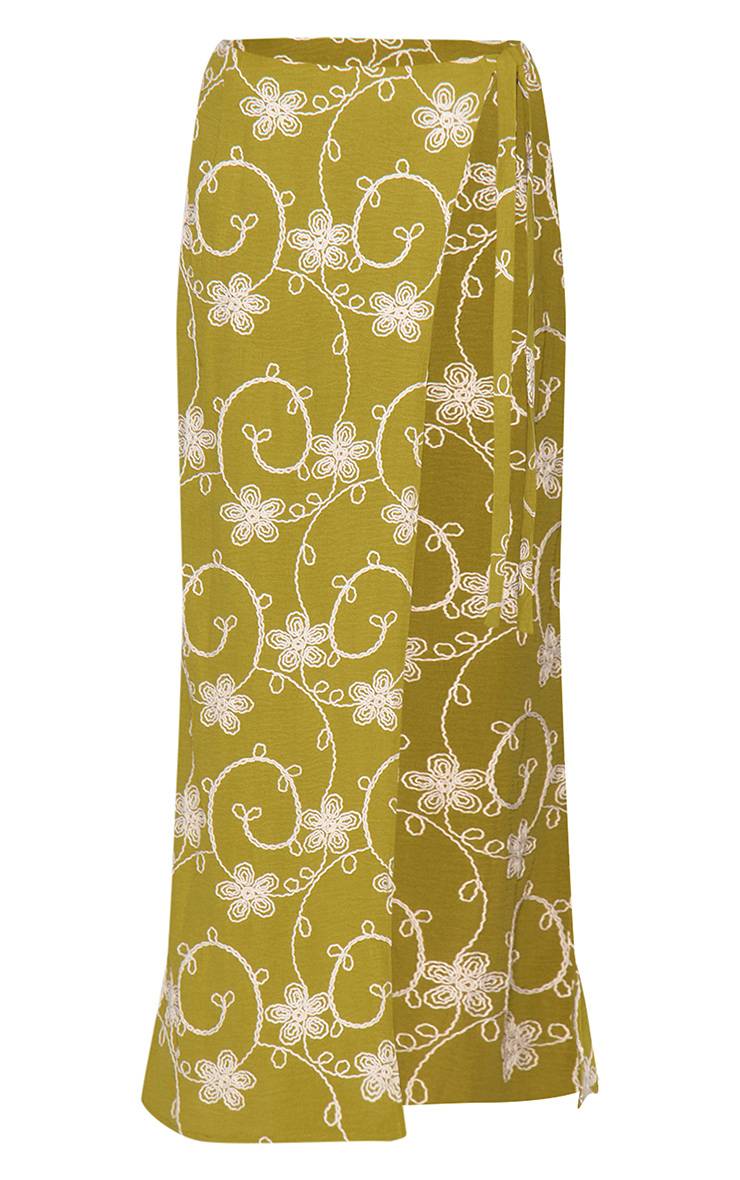 Vert Olive Jupe Longue Co-ord À Détails De Broderie Florale Sur Les Bordures