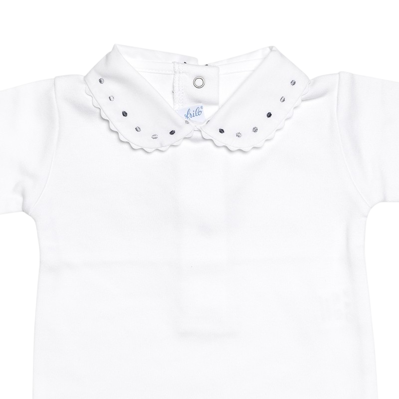 Langarmbody weiss mit Stickerei-Kragen grau, anthrazit
