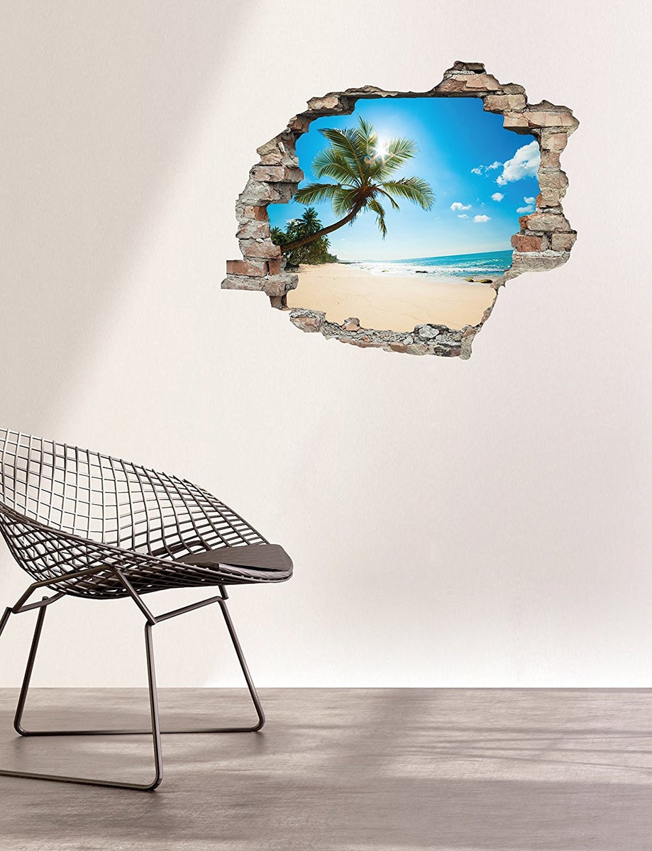 3D muurdoorvoer zelfklevende sticker palmboom op het strand WS0944_60x50 cm
