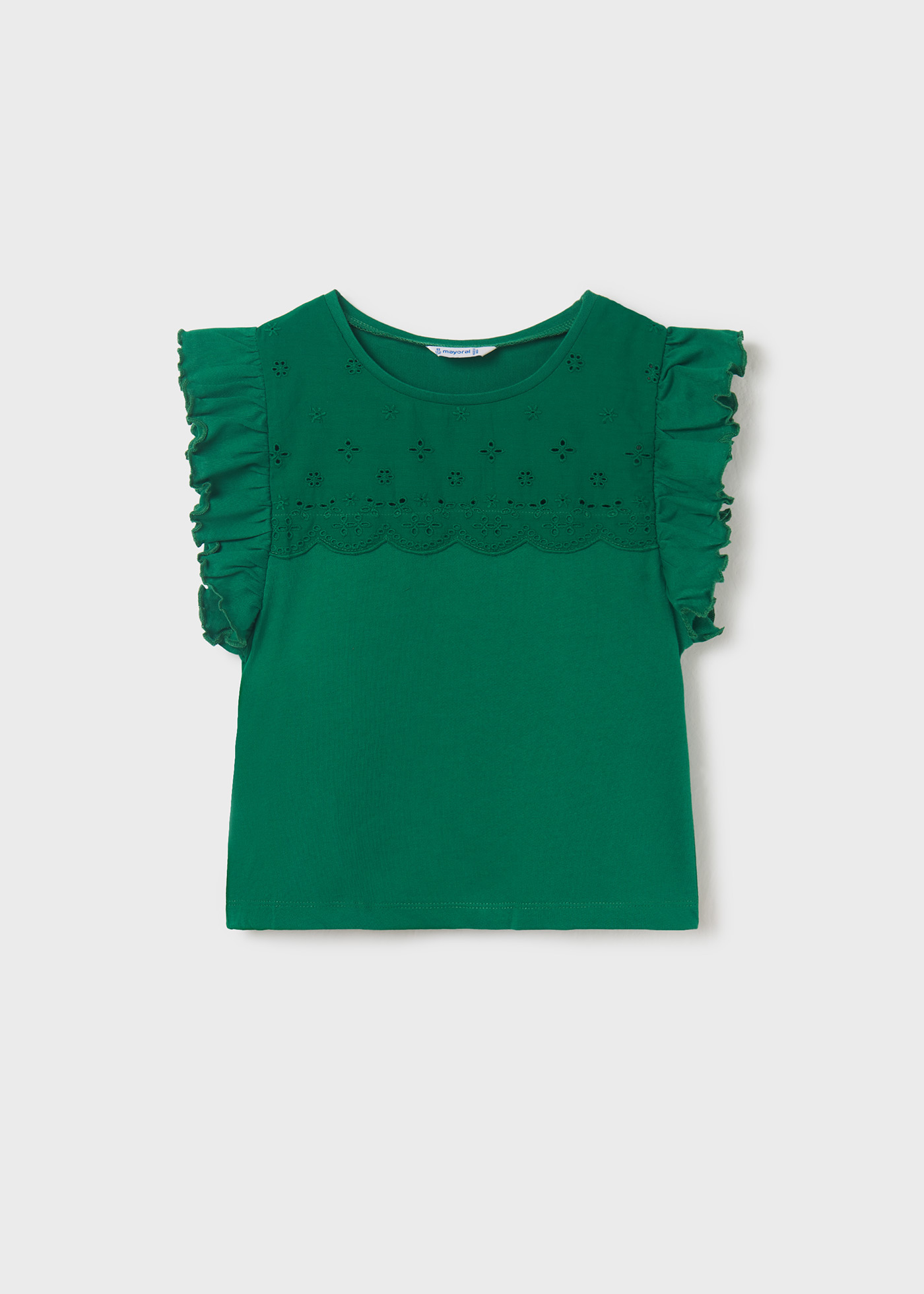 Camiseta regata feminina com babados, feita de algodão sustentável.