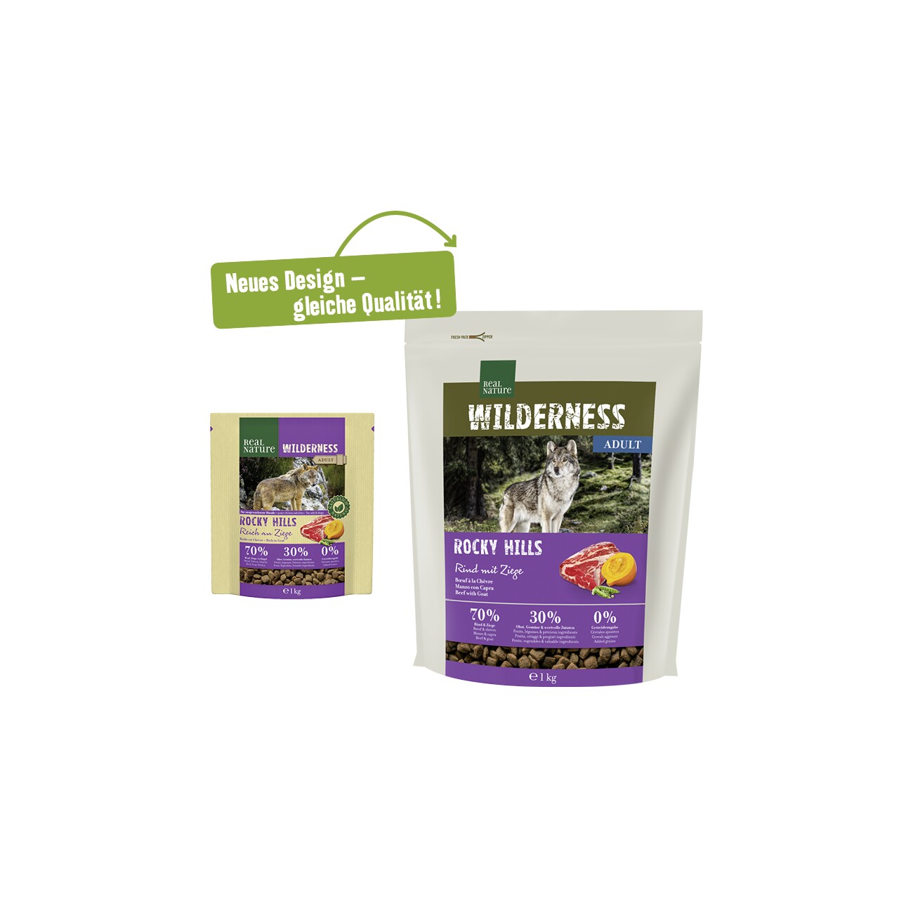 REAL NATURE WILDERNESS Trockenfutter Hund, Adult, Rocky Hills Rind und Ziege 1 kg