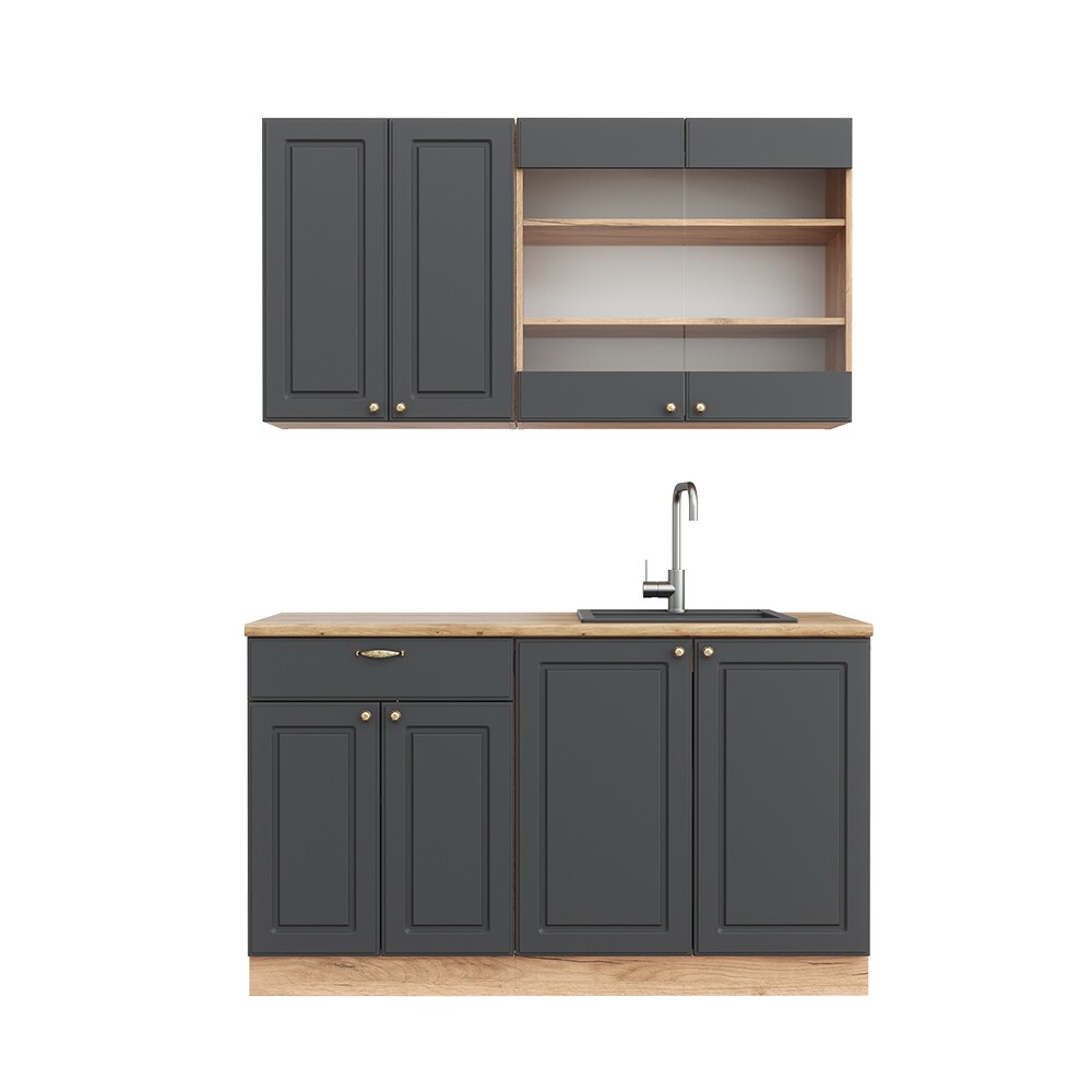 Vicco Küchenzeile Küchenblock Einbauküche Fame-Line Single Landhaus Eiche Anthrazit Gold 140 cm modern Küchen Schränke Spülenunterschrank Schubunterschrank Hängeschrank Hängeglasschrank