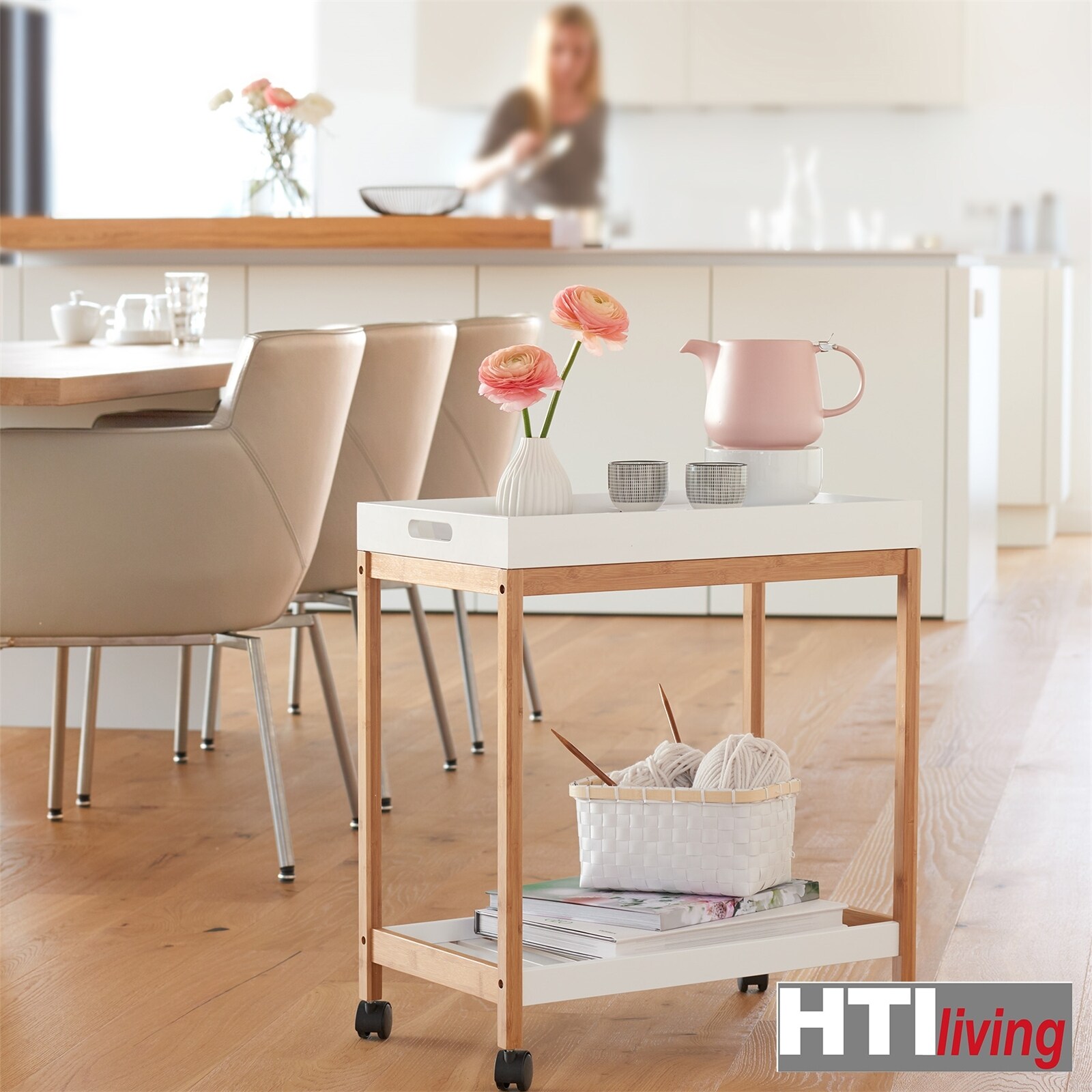 HTI-Living Beistellwagen mit Tablett, weiß Bambus, MDF
