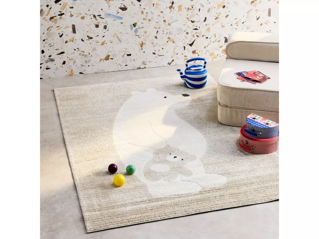 Tapis enfant beige / crème 120 x 170cm. tapis intérieur oursons. poils ras