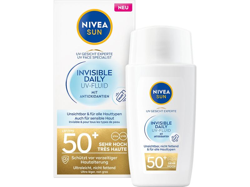 NIVEA SUN Sonnencreme UV Face Invisible LSF 50  40 ml Ultraleichtes Fluid sorgt für sofortigen Schutz vor UVA und UVB-Strahlen
