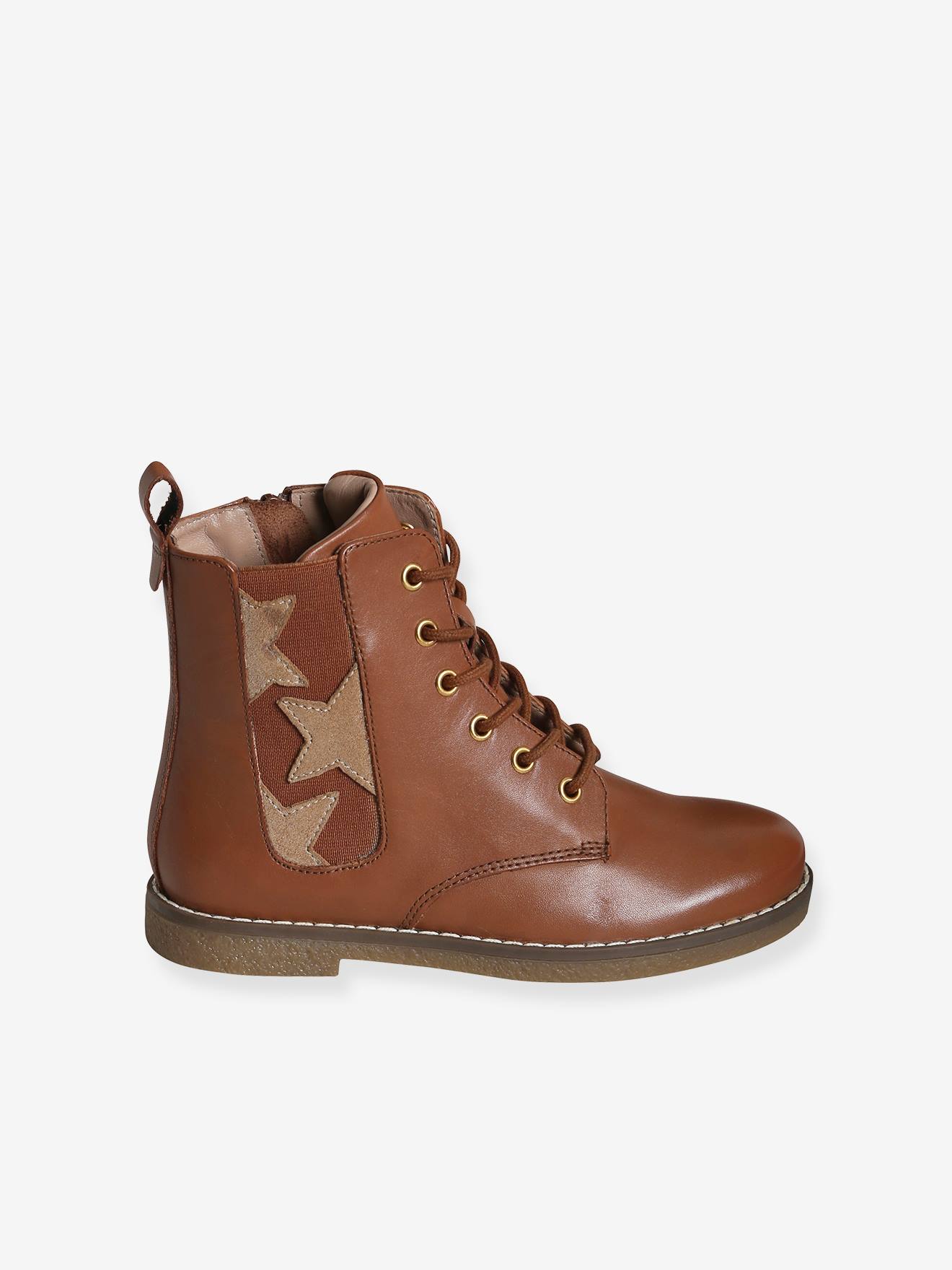 Botas de cano alto com cadarço e zíper em couro, bege médio liso com estampas, para meninas.