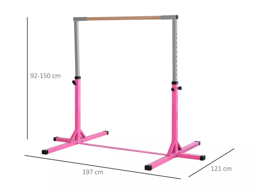 Barre fixe de gymnastique enfant - barre de gymnastique hauteur réglable 13 niveaux 92 à 150 cm - acier rose bois massif hêtre