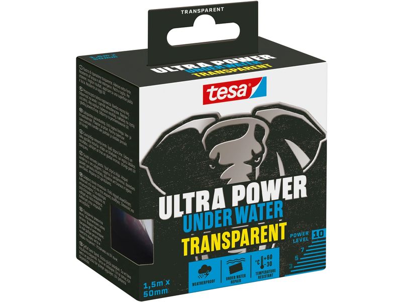 tesa Ultra Power Under Water Transparent, 1.5 m x 50 mm Wasserfestes Abdichtungsband – starke Klebeleistung für Reparaturen sogar unter Wasser
