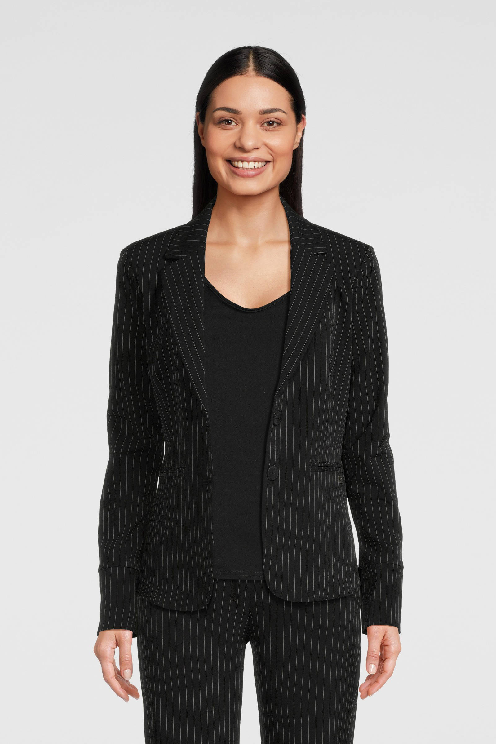 TQ-Amsterdam gestreepte getailleerde blazer Manja V zwart
