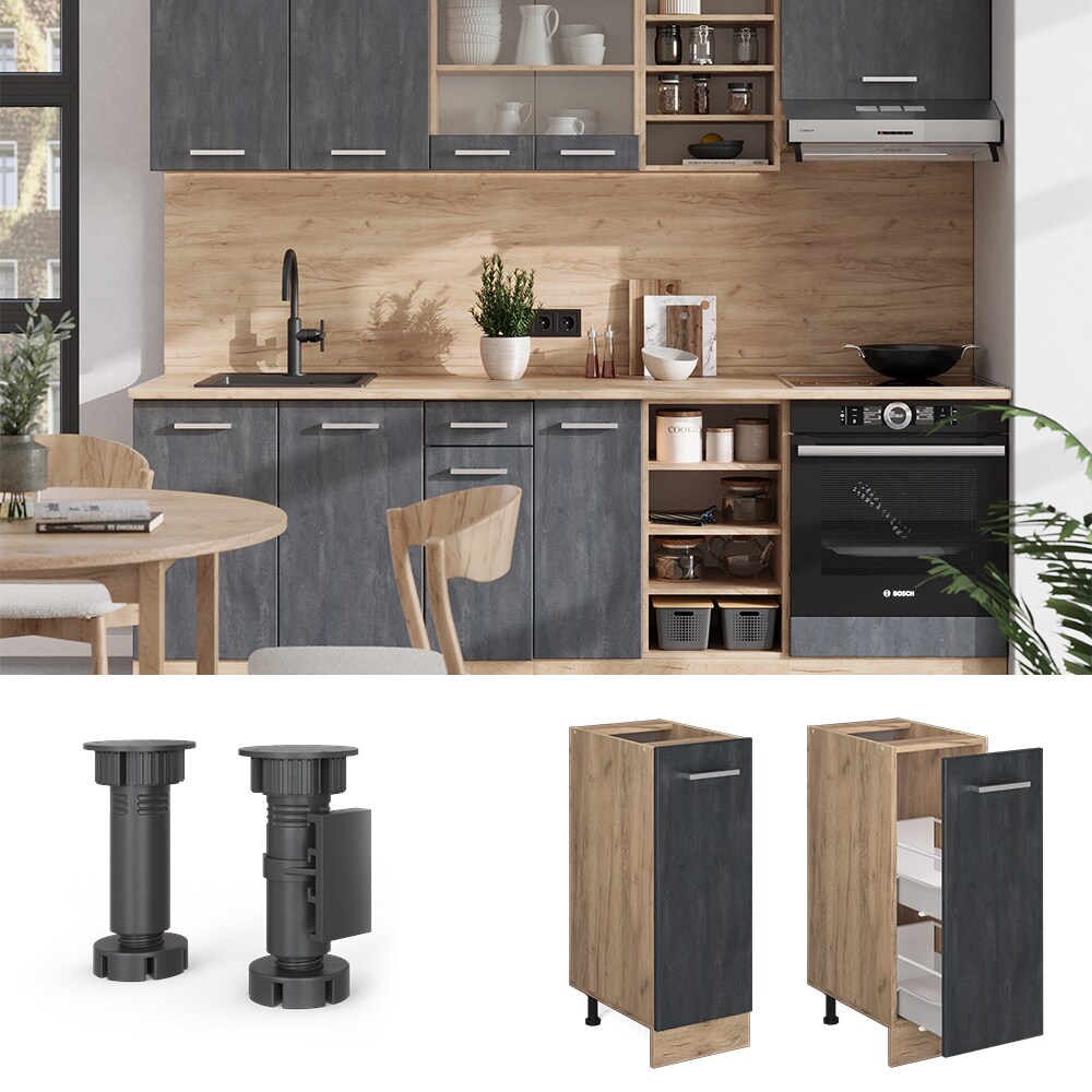 Vicco Apothekerunterschrank R-Line Schwarz Beton Eiche 30 cm mit Arbeitsplatte Weiß-Marmor