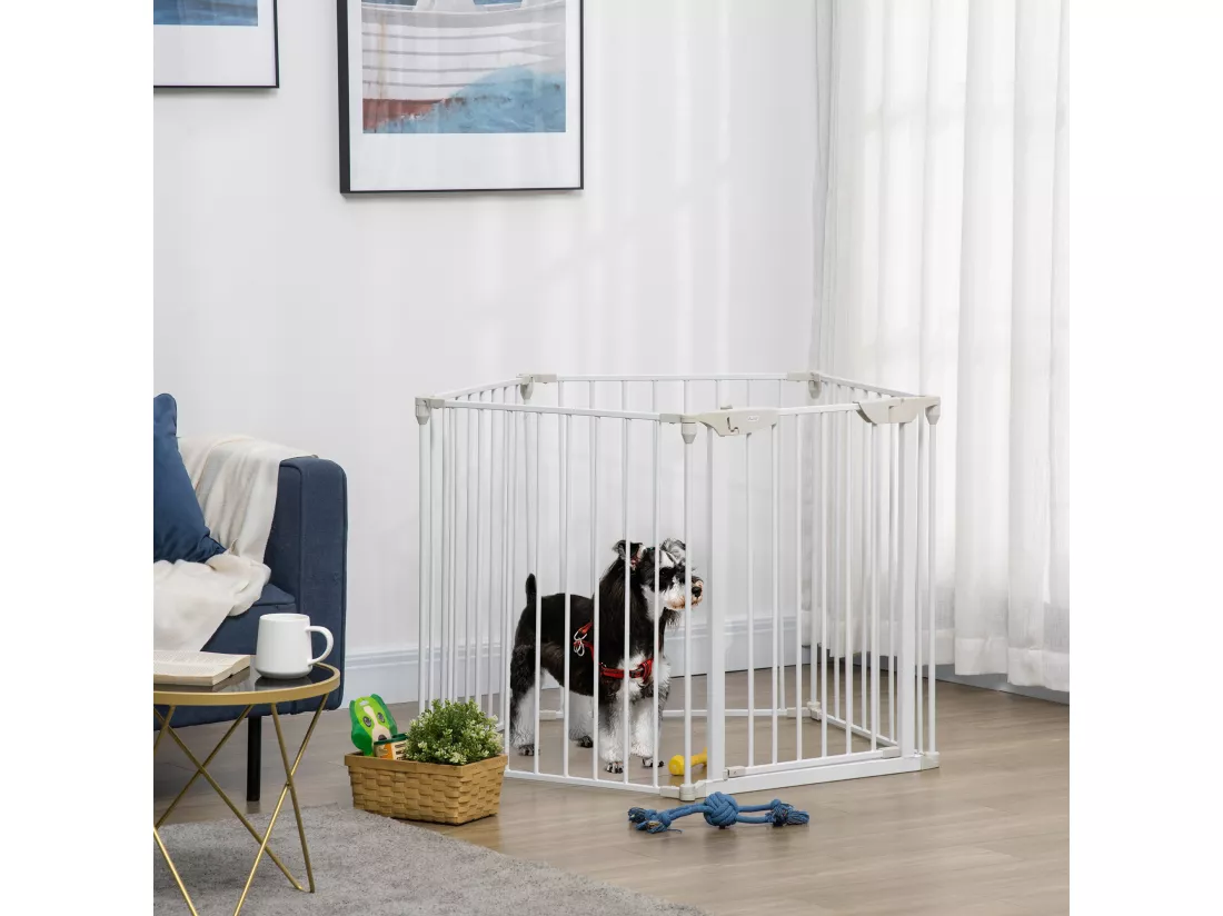 Barrière de sécurité parc enclos chien modulable pliable porte verrouillable intégrée 5 panneaux en métal 300L max. x 74,5H cm métal PP blanc