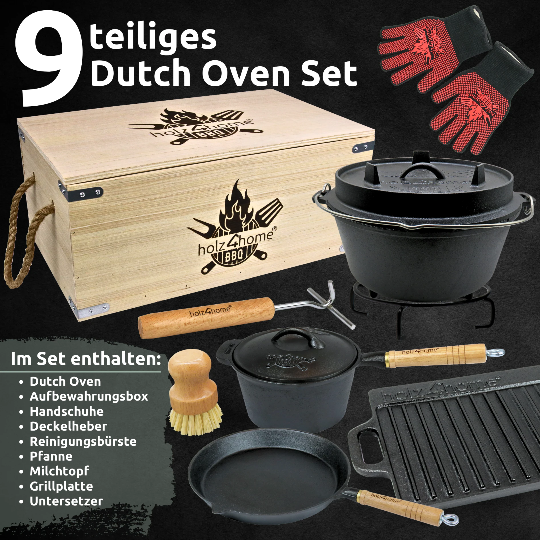 holz4home® Dutch Oven Set 9-teilig in Holzkiste I 4,7L Feuertopf Viel Zubehör: kleiner Topf, Grillplatte, Pfanne, Handschuhe uvm.