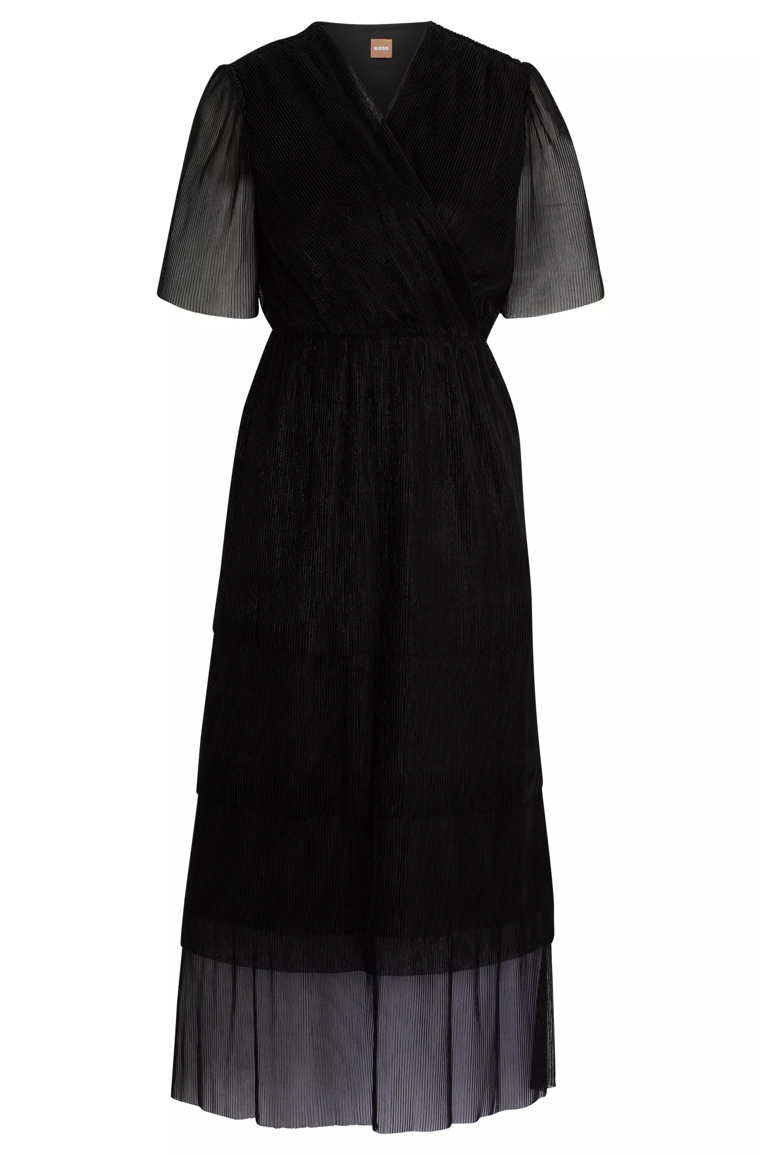 Vestido preto BOSS de corte justo com decote em V e tecido metálico.