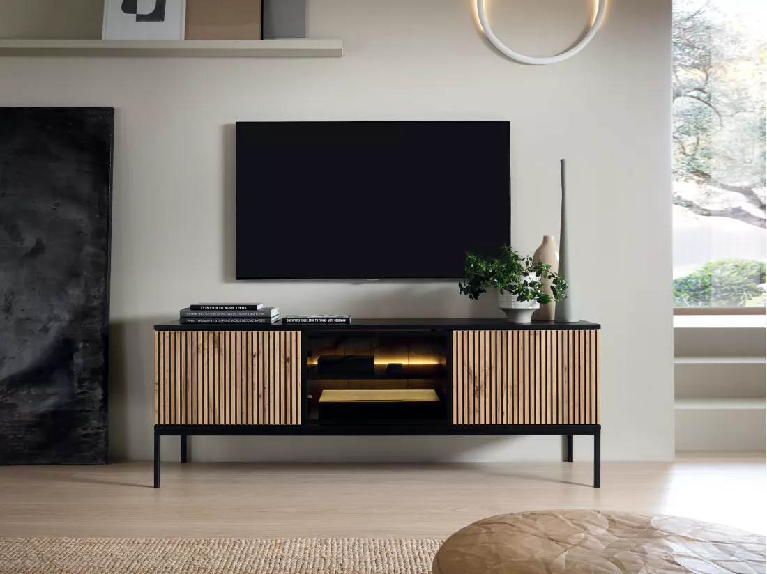 Meuble TV 3 portes avec LEDs en MDF et verre fumé - Noir et Naturel - OVILA