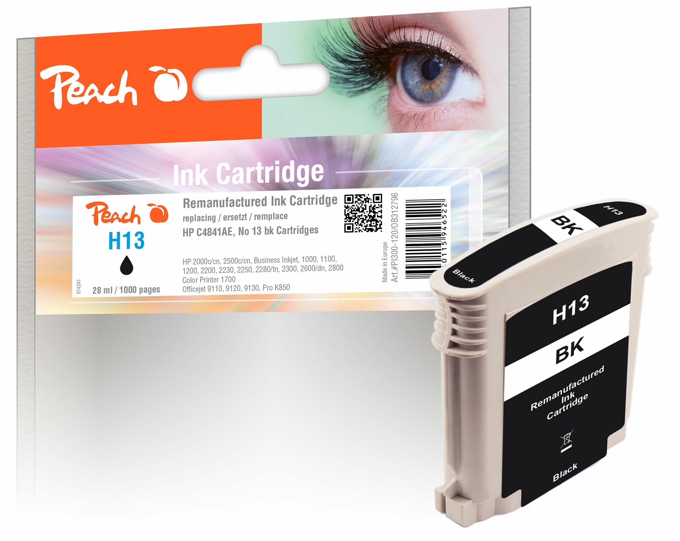 Peach HP 13 bk Druckerpatrone bk ersetzt HP No. 13 bk, C4814AE für z.B. HP Business InkJet 1000, HP OfficeJet Pro K 850, HP OfficeJet Pro K 850 DN (wiederaufbereitet)