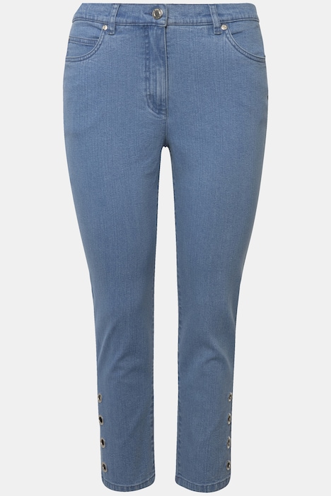 Jeans, tapered Fit, 5-Pocket, Saum mit Zier-Ösen, teilelastischer Bund