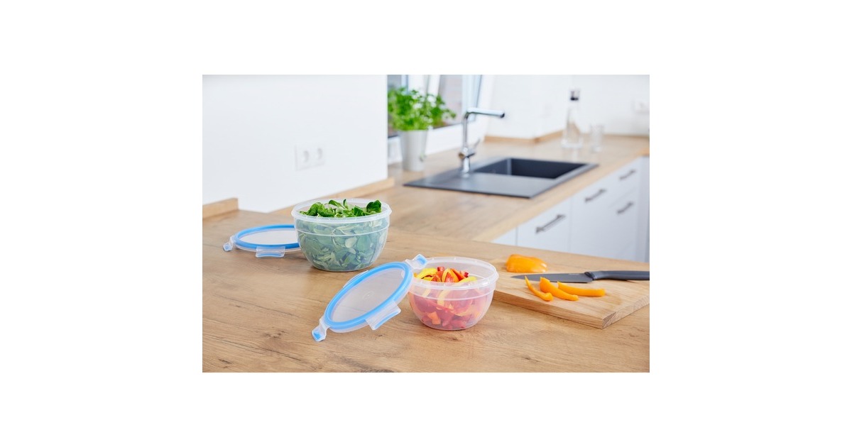 EmsaClip & Close vershoudbakjes, 2 delige set, 1,0 / 2,6 L doos  (Transparant/blauw, rond)
