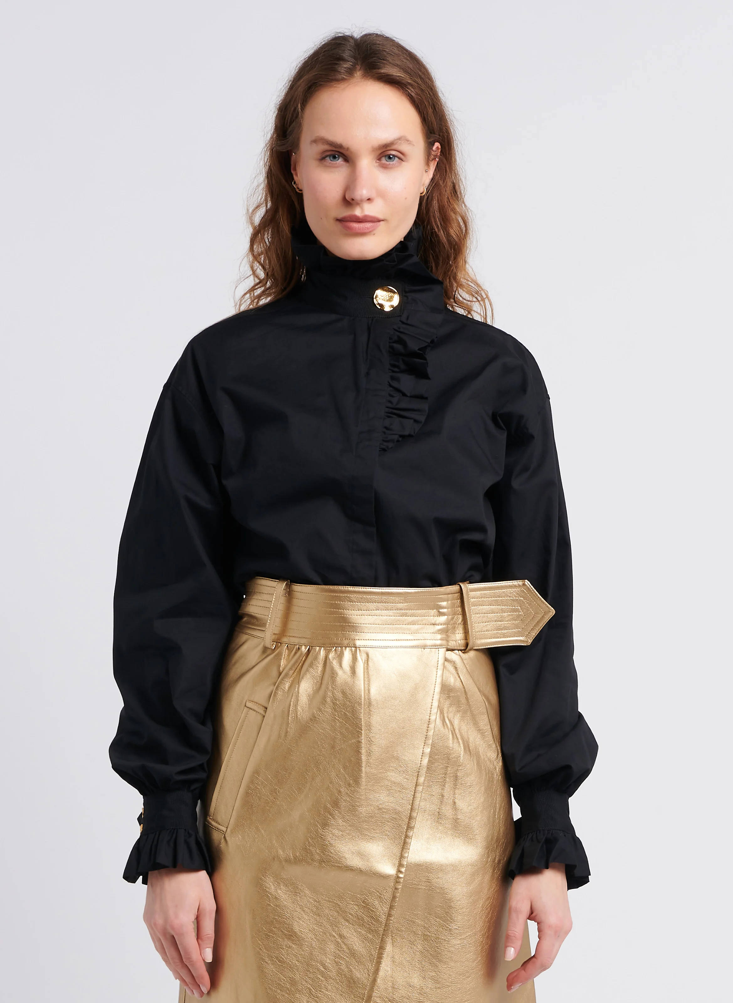 EZRA - Chemise col volanté en coton organique | Noir