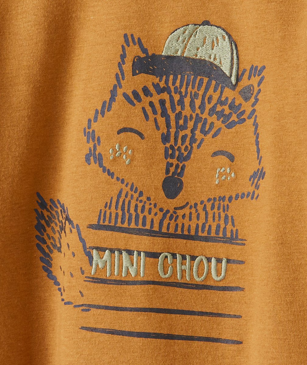 T-SHIRT EN FIBRES RECYCLÉES MARRON AVEC RENARD BÉBÉ GARÇON