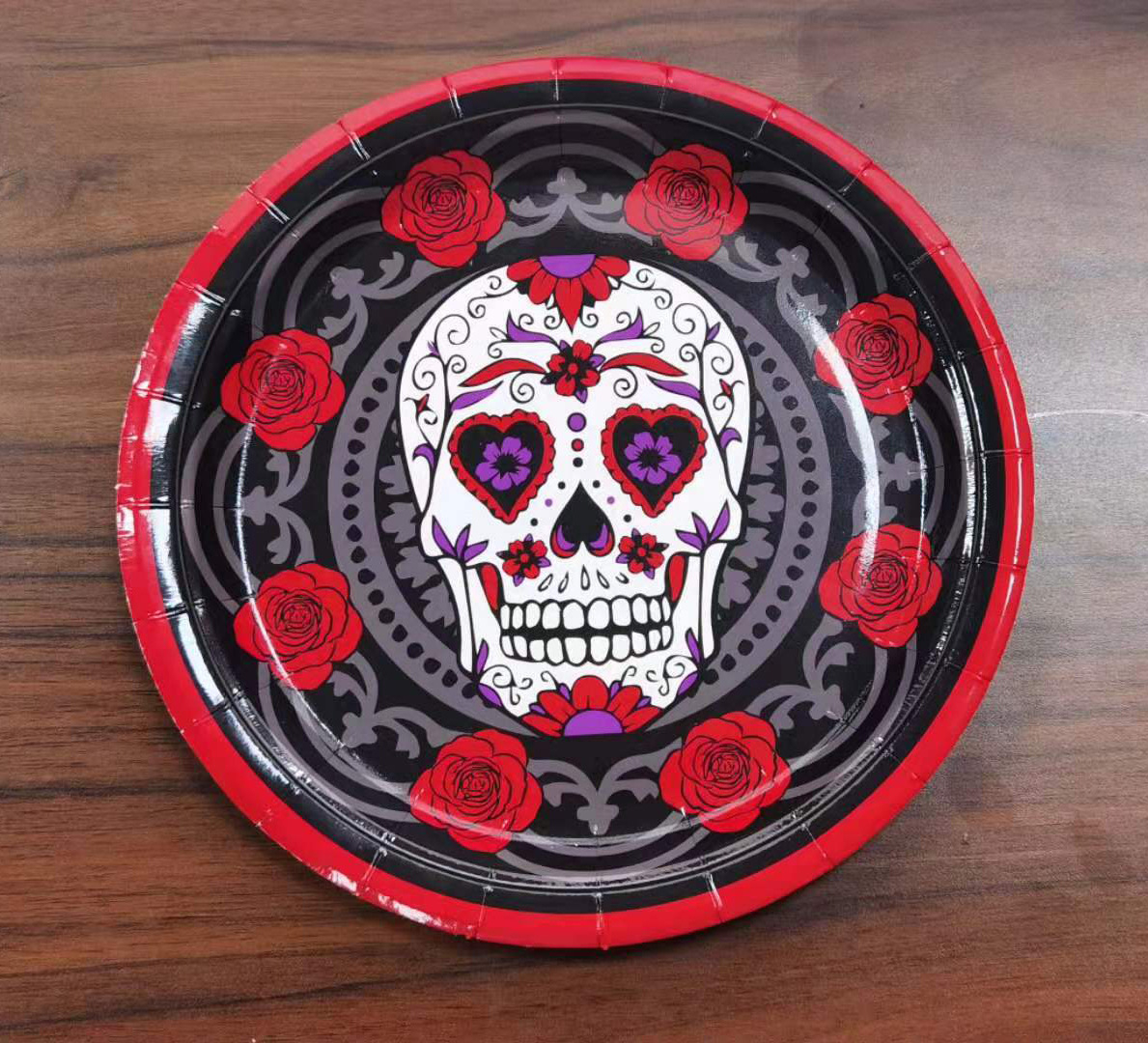 (114-tlg. Set) Einweg Geschirr Halloween Party Tisch Deko   Totenkopf Girlande inkl. Tischtuch / Servietten / Besteck / Papp Becher - La Catrina