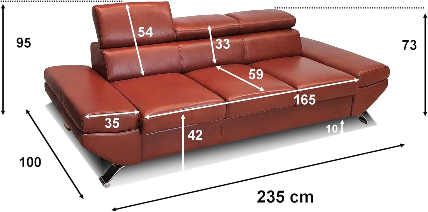 Dunkelgraues Echtleder 3 Sitzer Sofa Varsovia Breite 235cm mit einstellbaren Kopfstützen Ledersofa Leder Anthrazite mit Nähten in Lederfarbe.