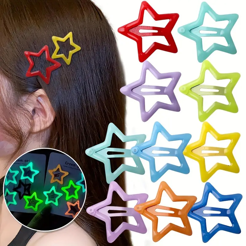 (10er Set) Haarspangen Metall Klammern Neon Clips Glow in the Dark Haarschmuck Fluoreszierend Stern - Bunt
