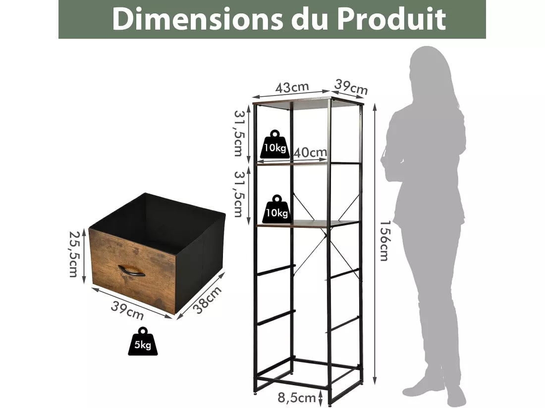 Meuble Colonne de Rangement, Etagères Bibliothèque 3 Tiroirs Pliables, Cadre en Métal, Style Industriel, Marron Rustique, 43 x 39 x 156 cm