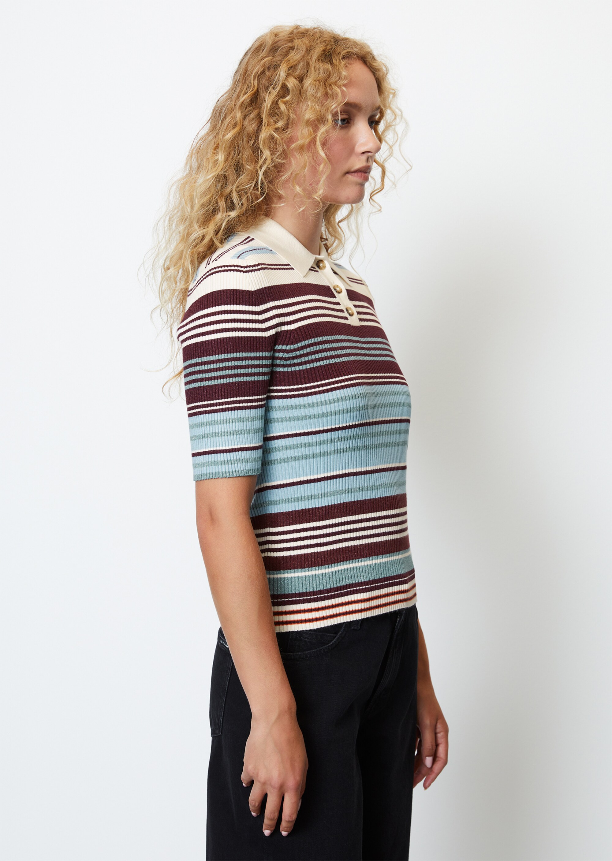 Rippstrick-Poloshirt fittedmit glitzerndem Lamé-Garn