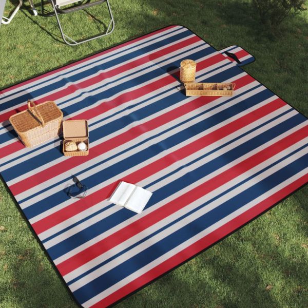 vidaXL Manta Piquenique Dobrável 200x200cm Veludo Riscas Vermelho/azul - 3979590464