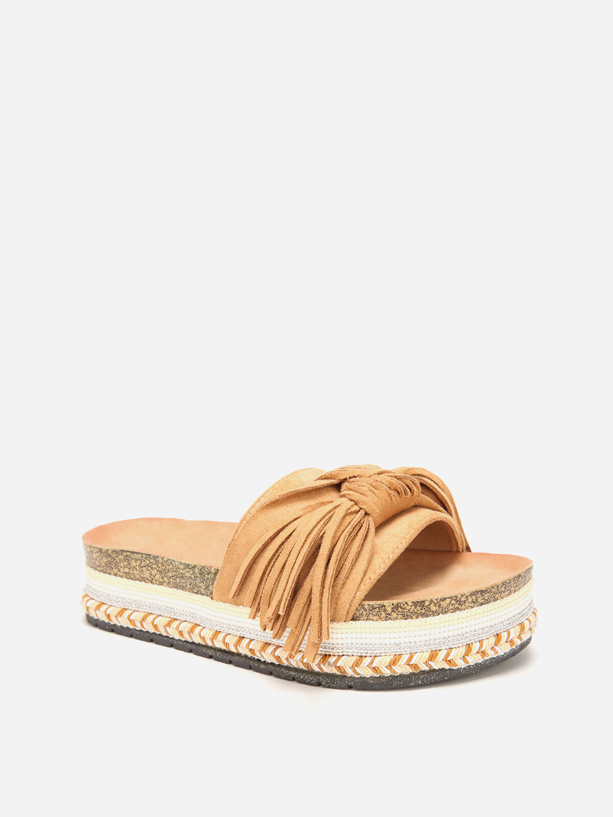 Mules à motif ethnique avec noeud et pompon- Camel
