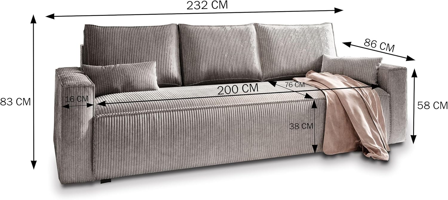 Masseno Sofa MENI mit Schlaffunktion, Sofa mit Bettkasten, Wohnzimmersofa, Couch, Soffa, Bettsofa, Couchgarnitur- Graphitfarben, POSO 34