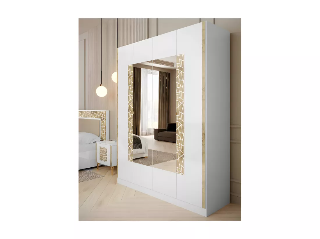 Chambre complète 160x200 Blanc brillant/Or - NAHESA