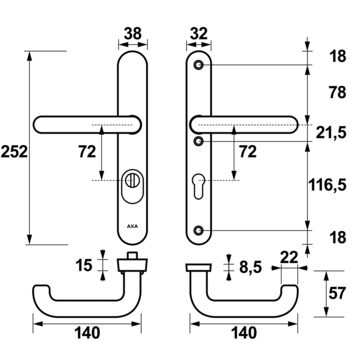 AXA veiligheidsbeslag Oval achterdeur aluminium smal schild met SKG 3-sterren 72 mm