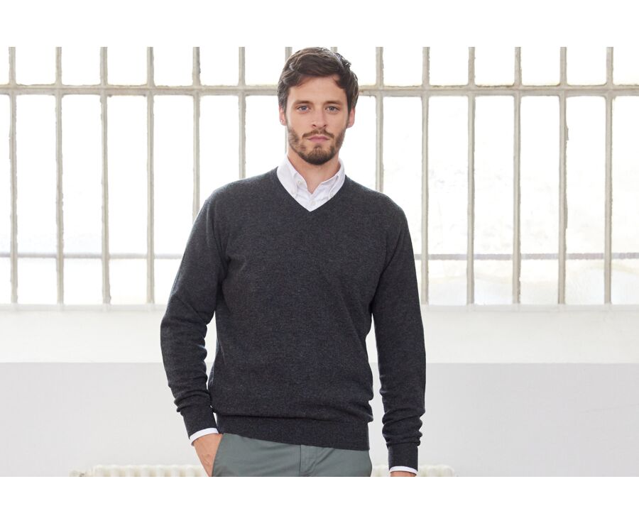 Pull homme laine col V Gris Anthracite Chiné - ELIAN