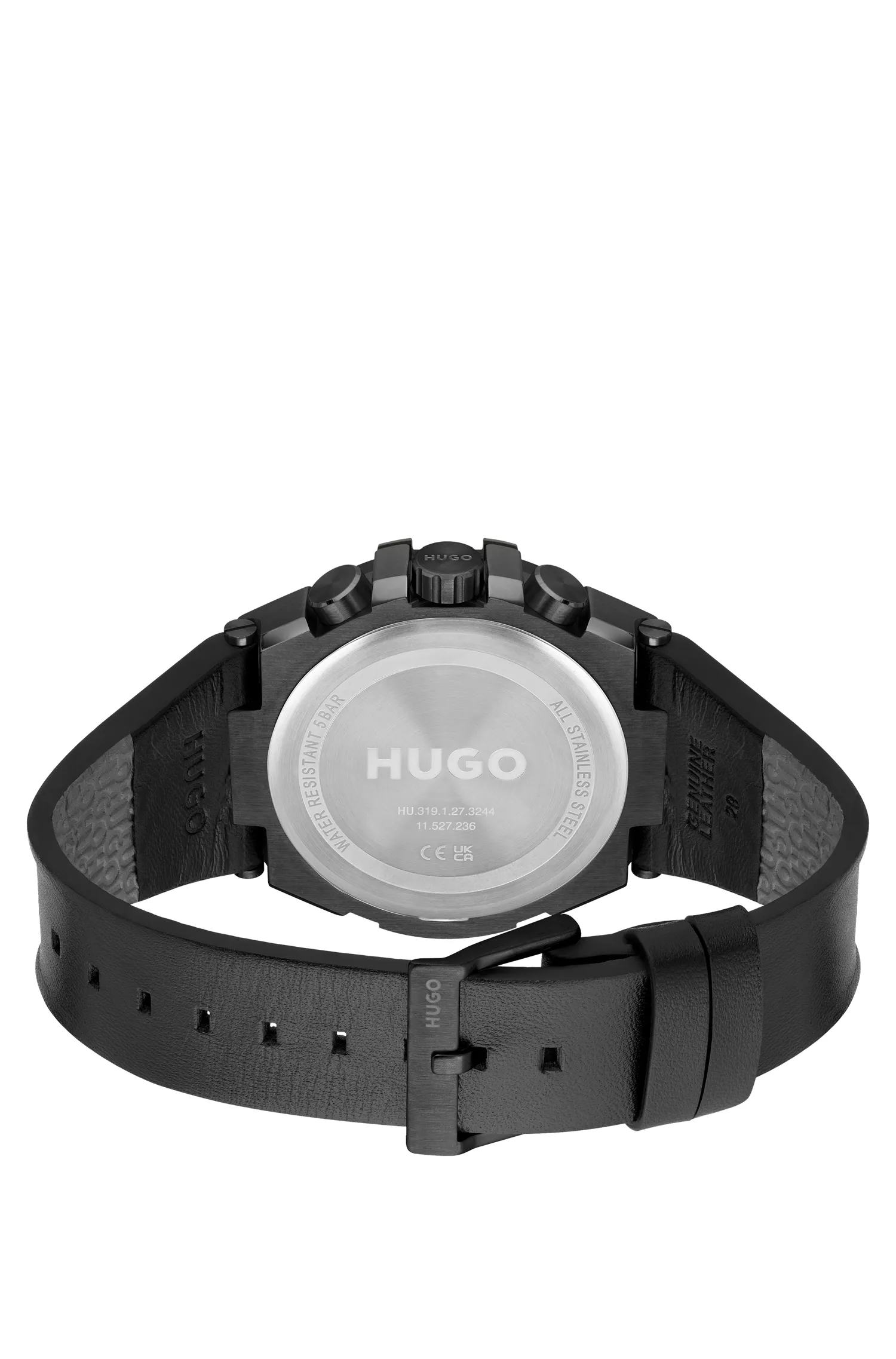 Relógio HUGO com revestimento em vermelho e preto e pulseira de couro.