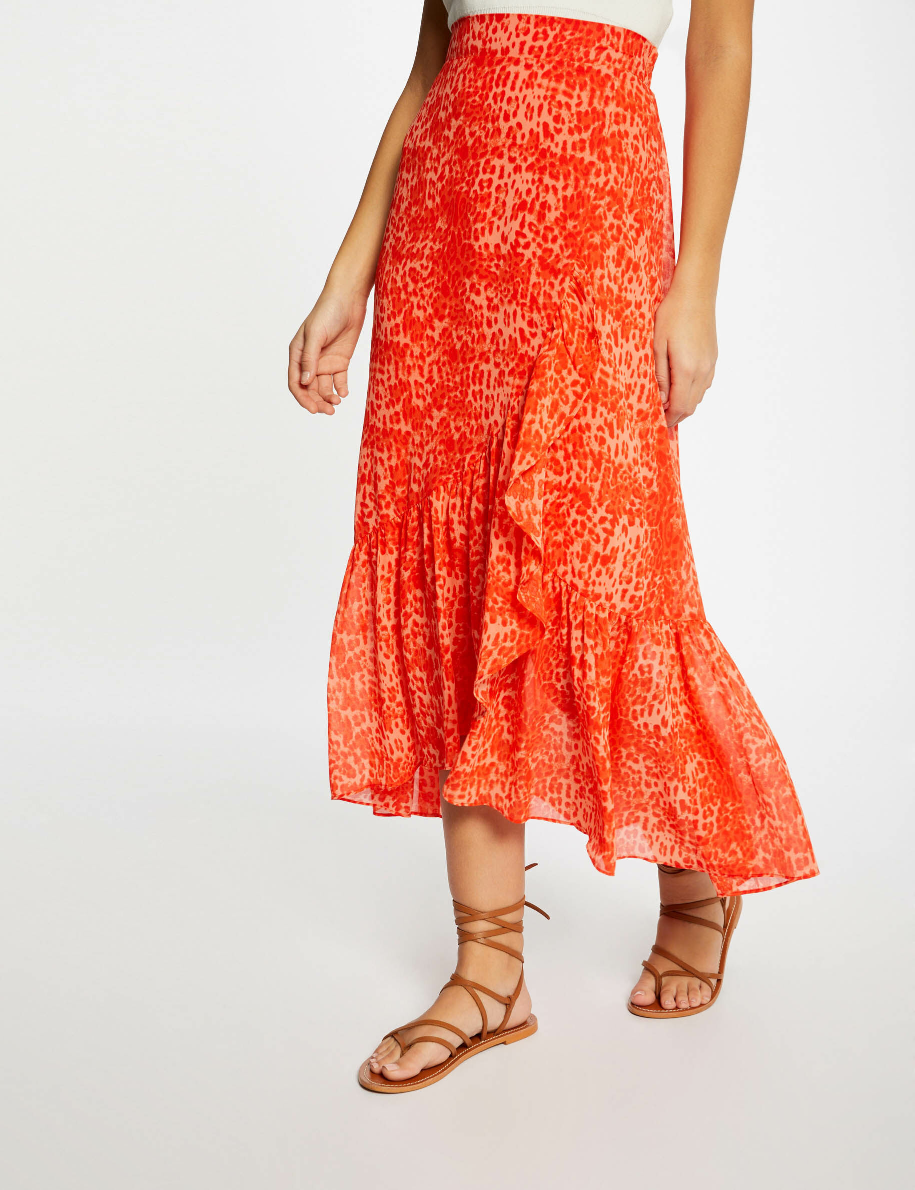 Jupe longue portefeuille imprimé léopard orange femme - orange
