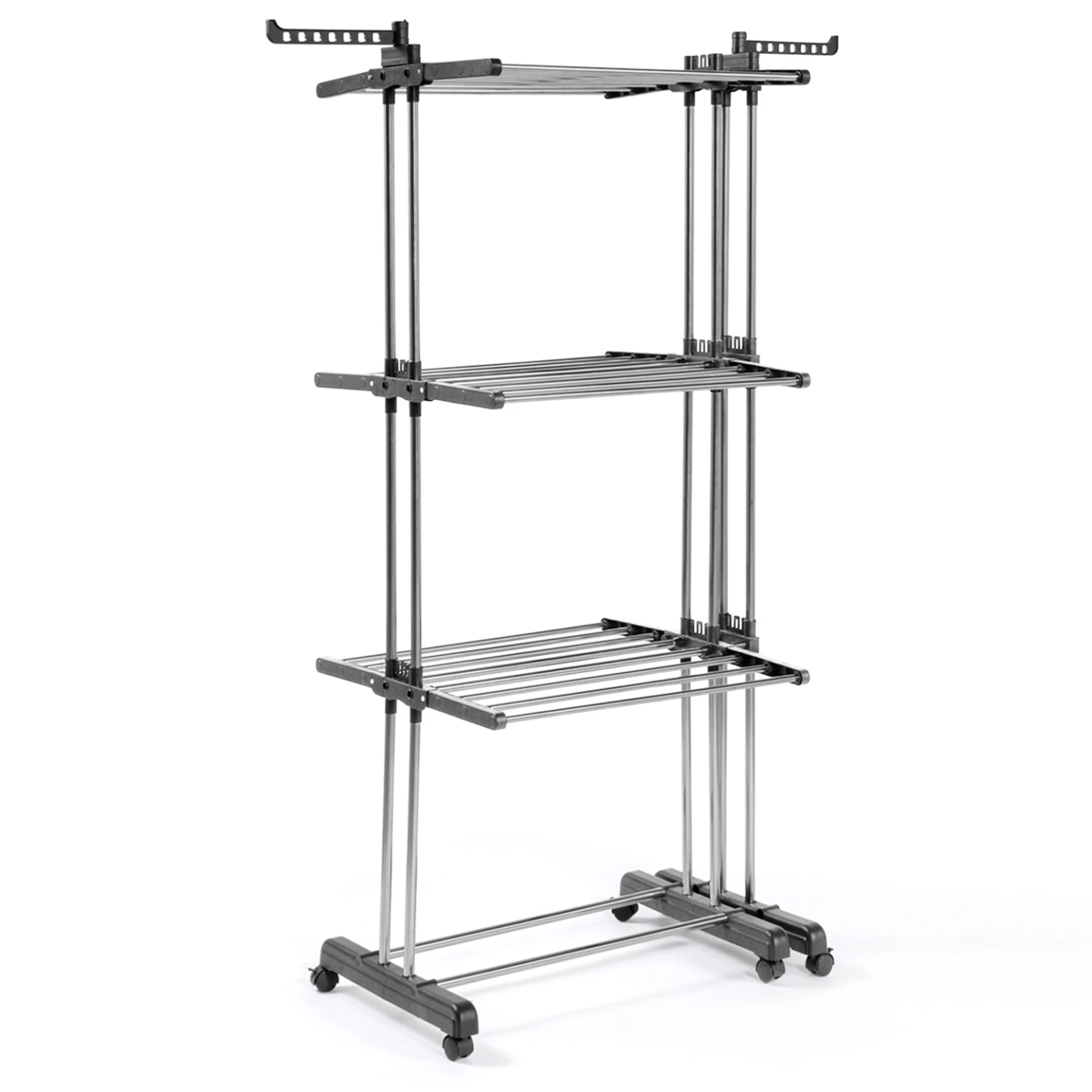 Séchoir à linge vertical pliable et extensible 3 niveaux GIGA capacité 27M avec ceintres et pinces inox et gris